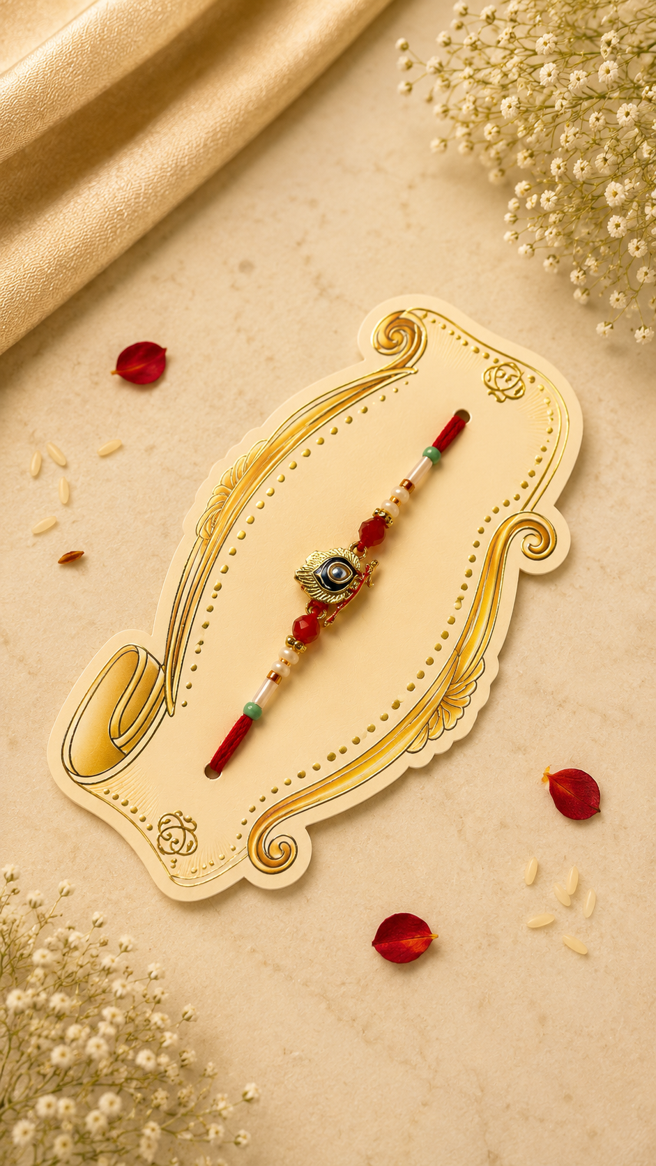 Divine Evil Eye Leaf Rakhi with Pearl & Crystal Beads K48
