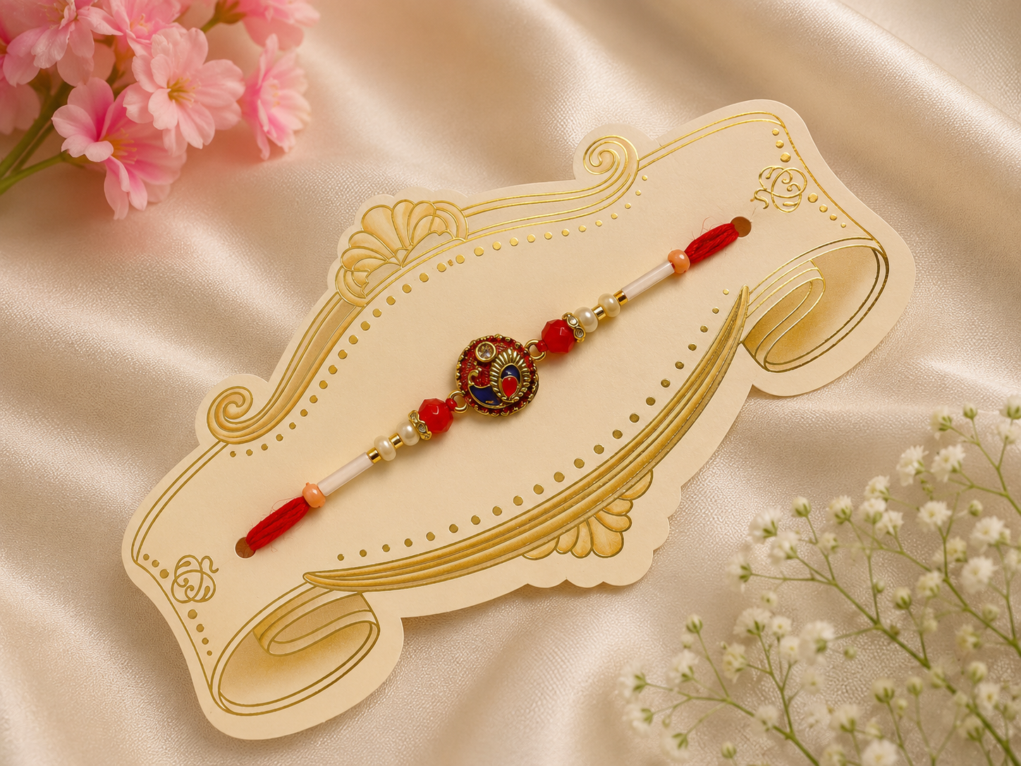 Premium Peacock Designer Rakhi with Pearl & Red Crystal Beads K54
