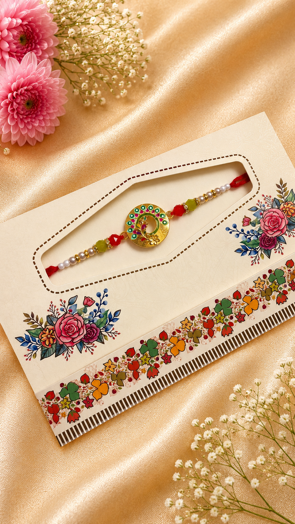 Meenakari Floral Designer Rakhi with Green & Red Crystal Beads K58