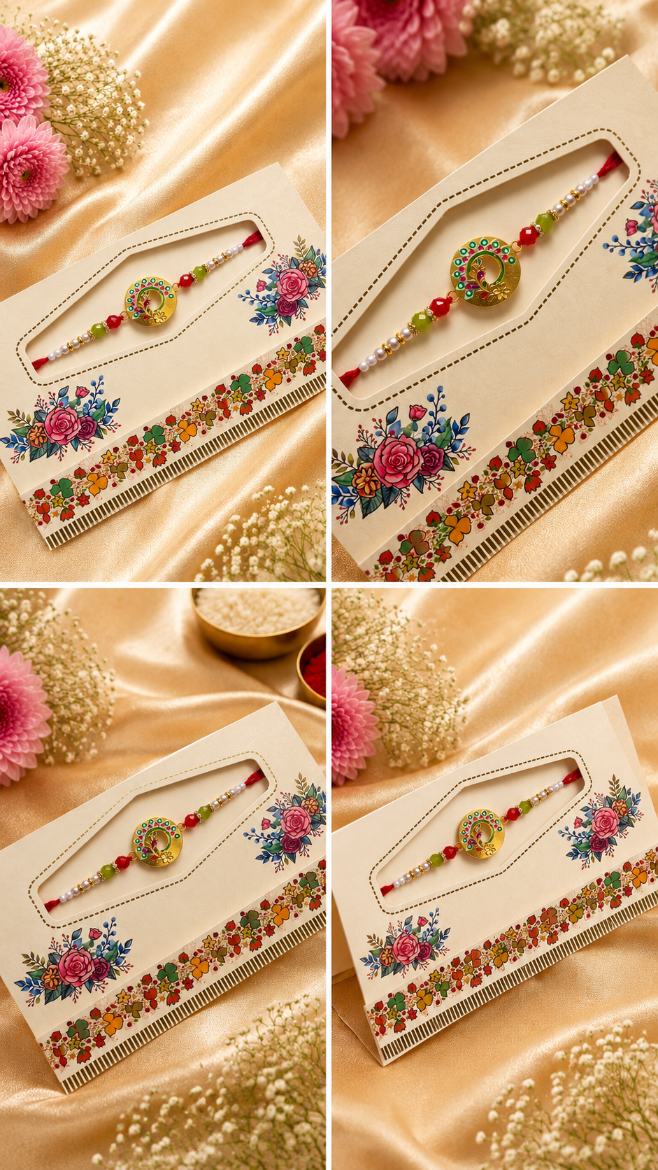 Meenakari Floral Designer Rakhi with Green & Red Crystal Beads K58