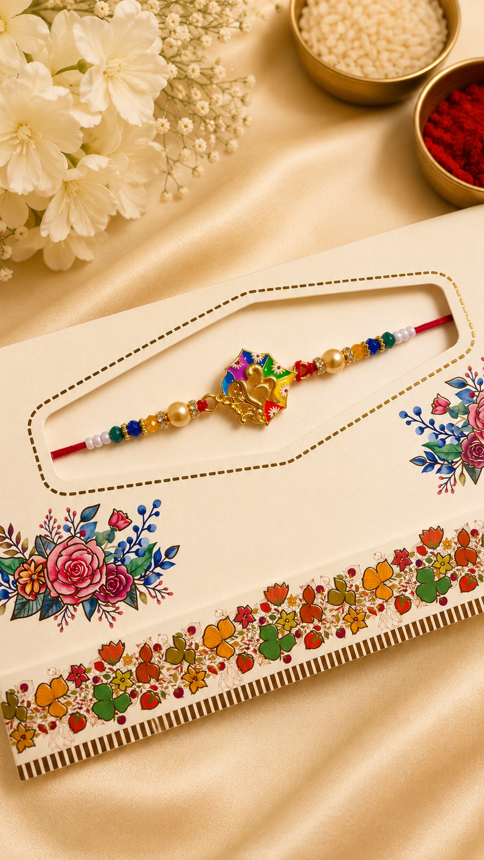 Om Designer Rakhi with Multicolor Beads & Pearl Accents K60