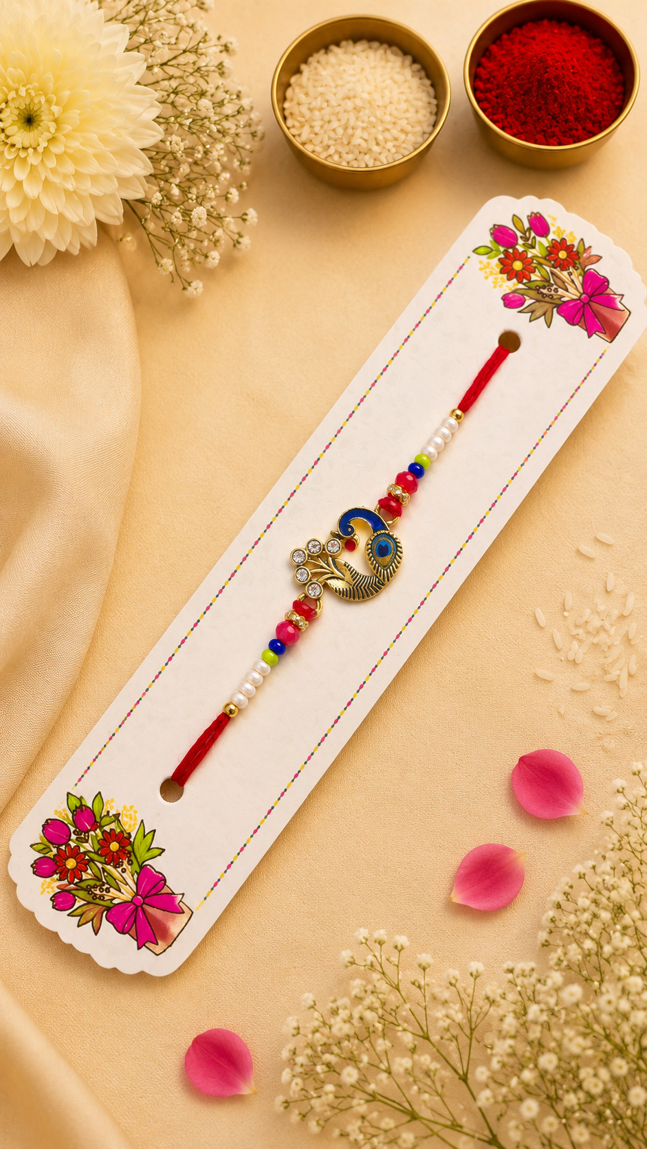 Royal Peacock Designer Rakhi with Colorful Beads K64