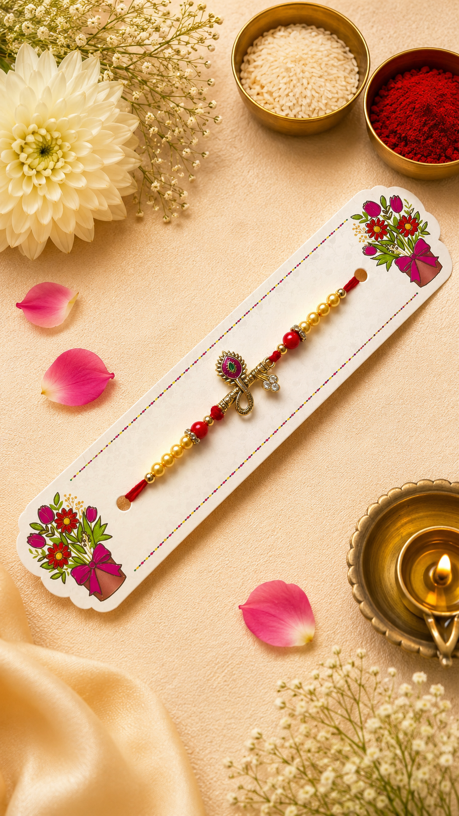 Divine Krishna Flute Designer Rakhi with Pearl & Red Beads K65