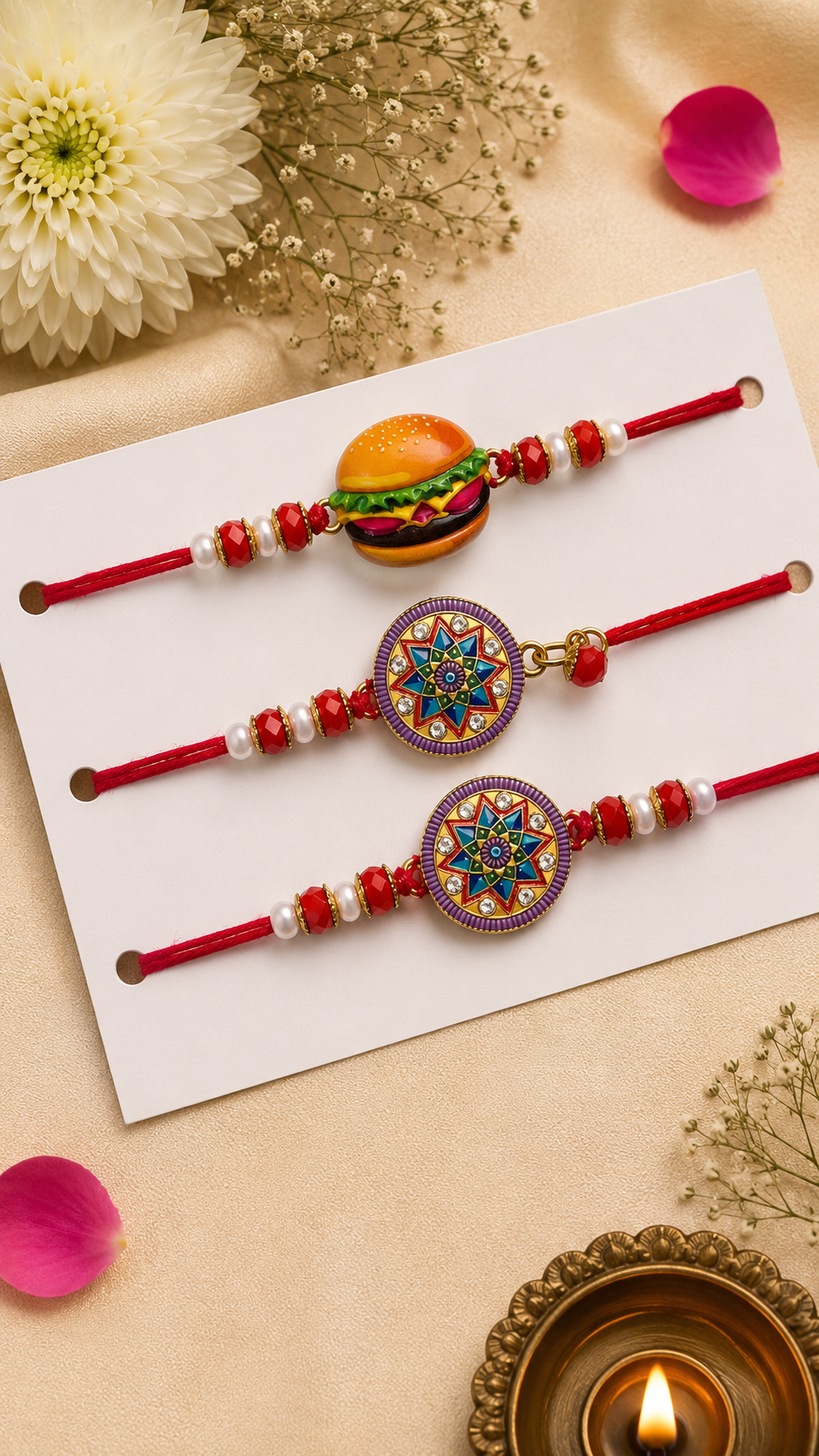 Bhaiya Bhabhi & Kid Premium Rakhi Combo | Burger Theme Family Rakhi Set of 3 K68