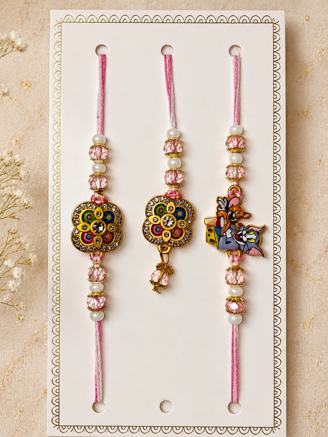 Premium Bhaiya Bhabhi & Kid Rakhi Gift Hamper with Radha Krishna Frame, Roli-Chawal & Coin K70