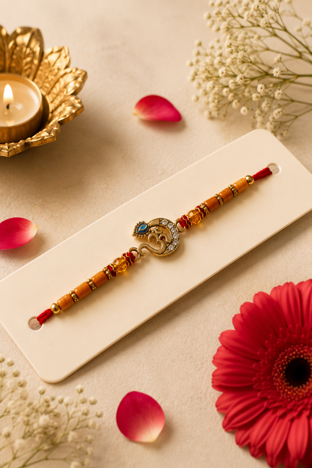 Elegant Om Stone Rakhi with Wooden Beads K75