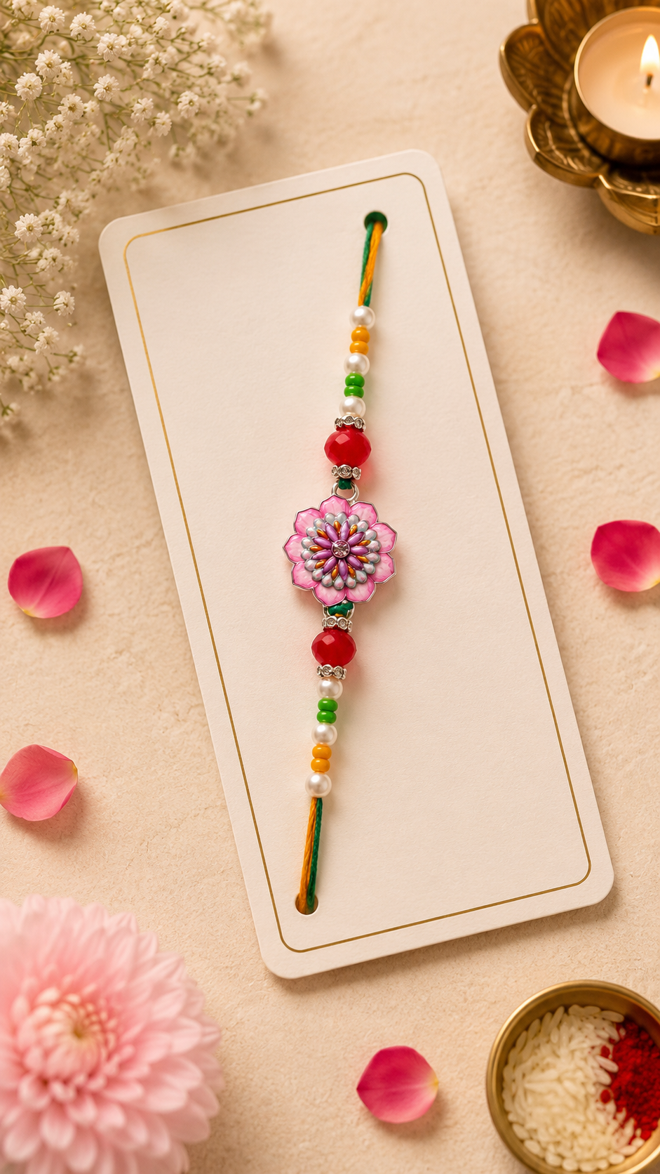 Elegant Floral Designer Rakhi – Premium Handcrafted Stone & Bead K76