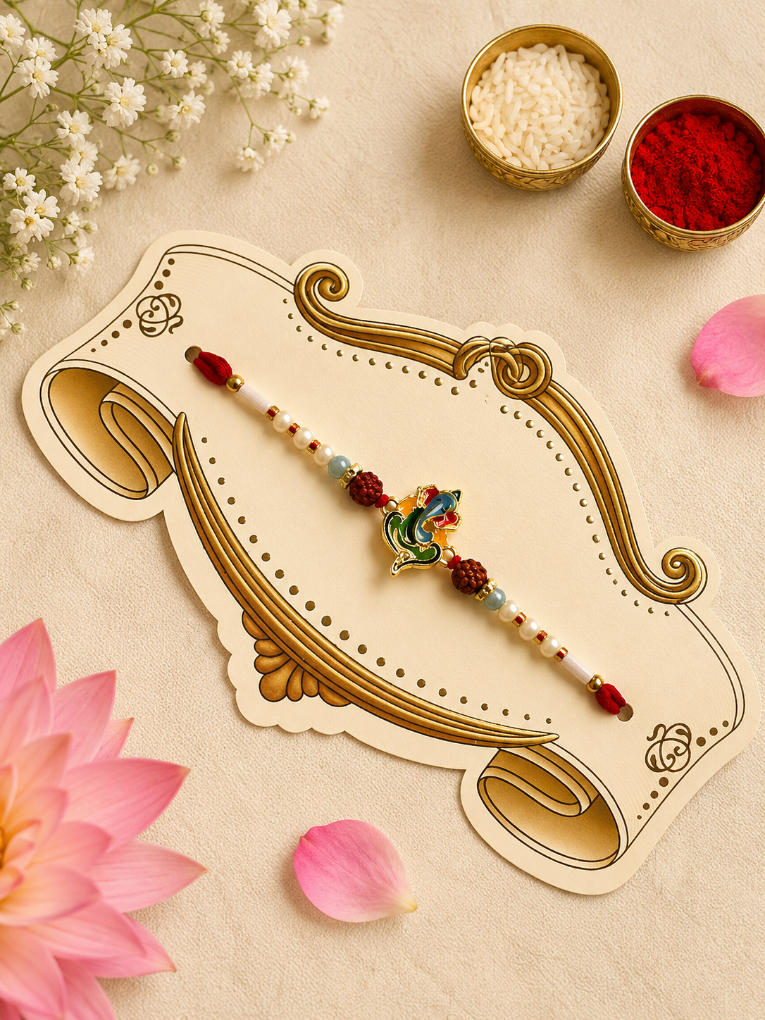 Handcrafted Bal Ganesha Rudraksha Rakhi K77