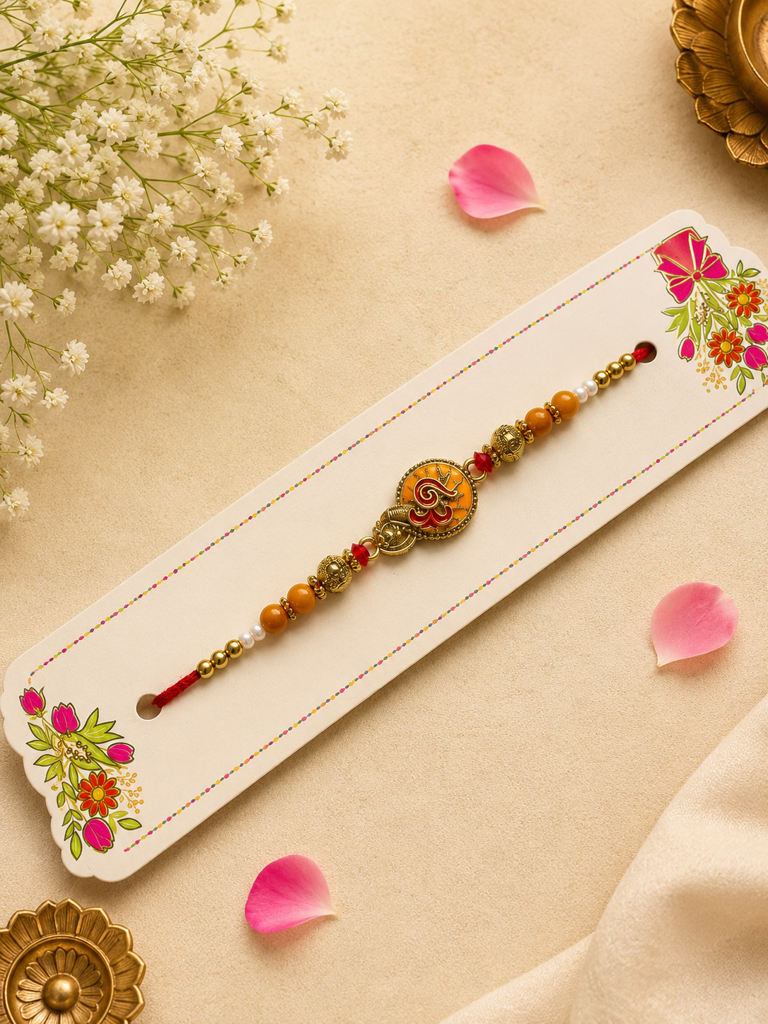 Premium Om Designer Rakhi with Golden Beads K78