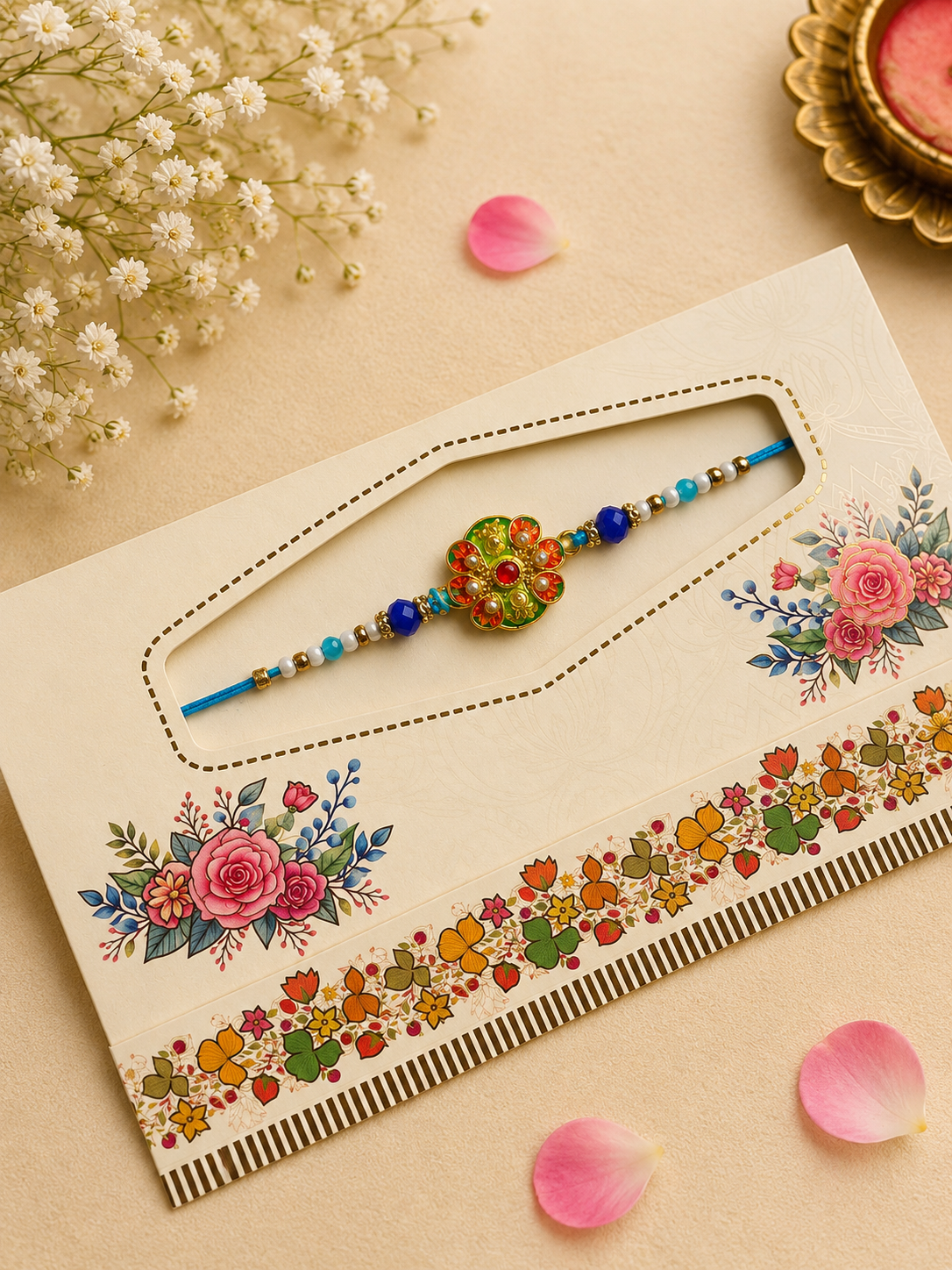 Blue Floral Designer Rakhi with Handcrafted Multicolor Center K79
