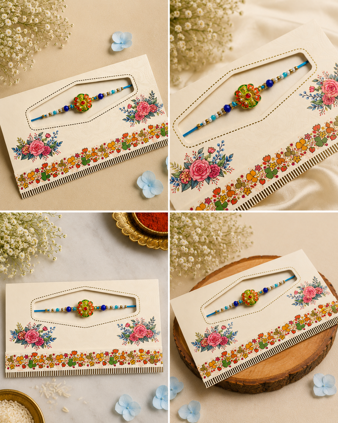 Blue Floral Designer Rakhi with Handcrafted Multicolor Center K79