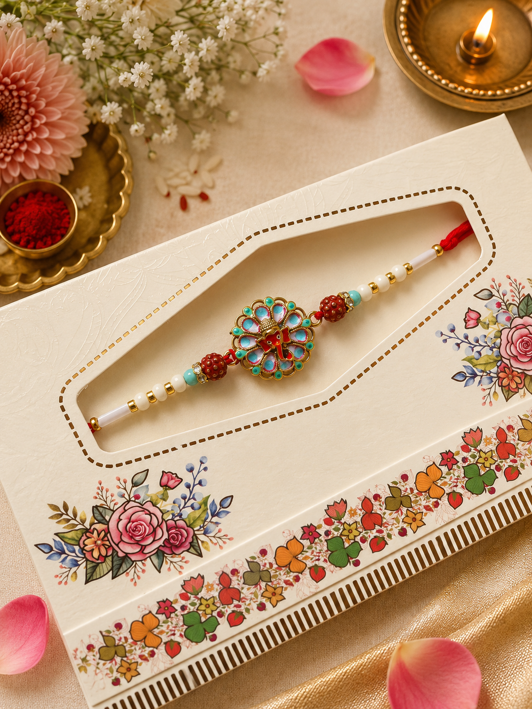 Handcrafted Ganesh Meenakari Rakhi with Pearl & Designer Beads K31