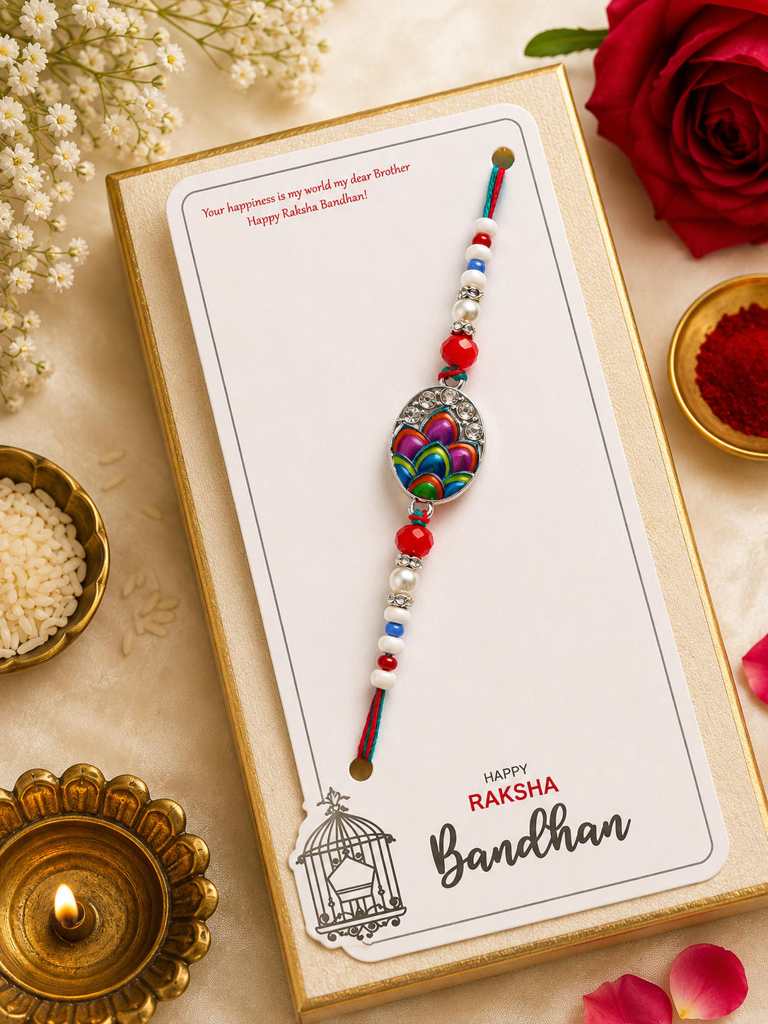 Colorful Peacock Feather Rakhi K38