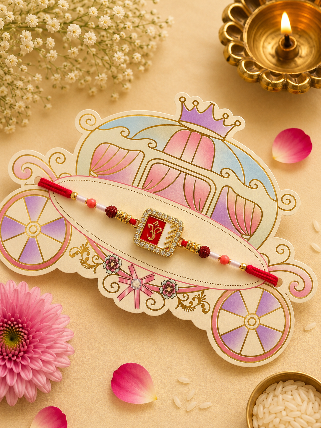 Divine Om Crystal Square Rakhi with Rudraksha Beads K41