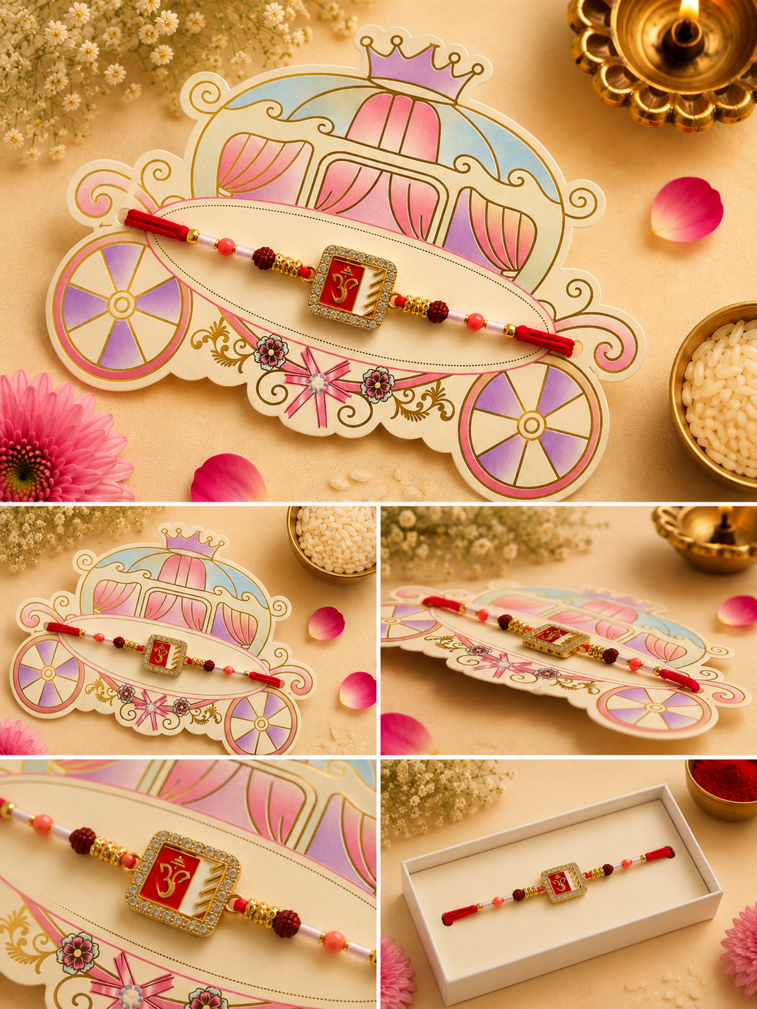 Divine Om Crystal Square Rakhi with Rudraksha Beads K41