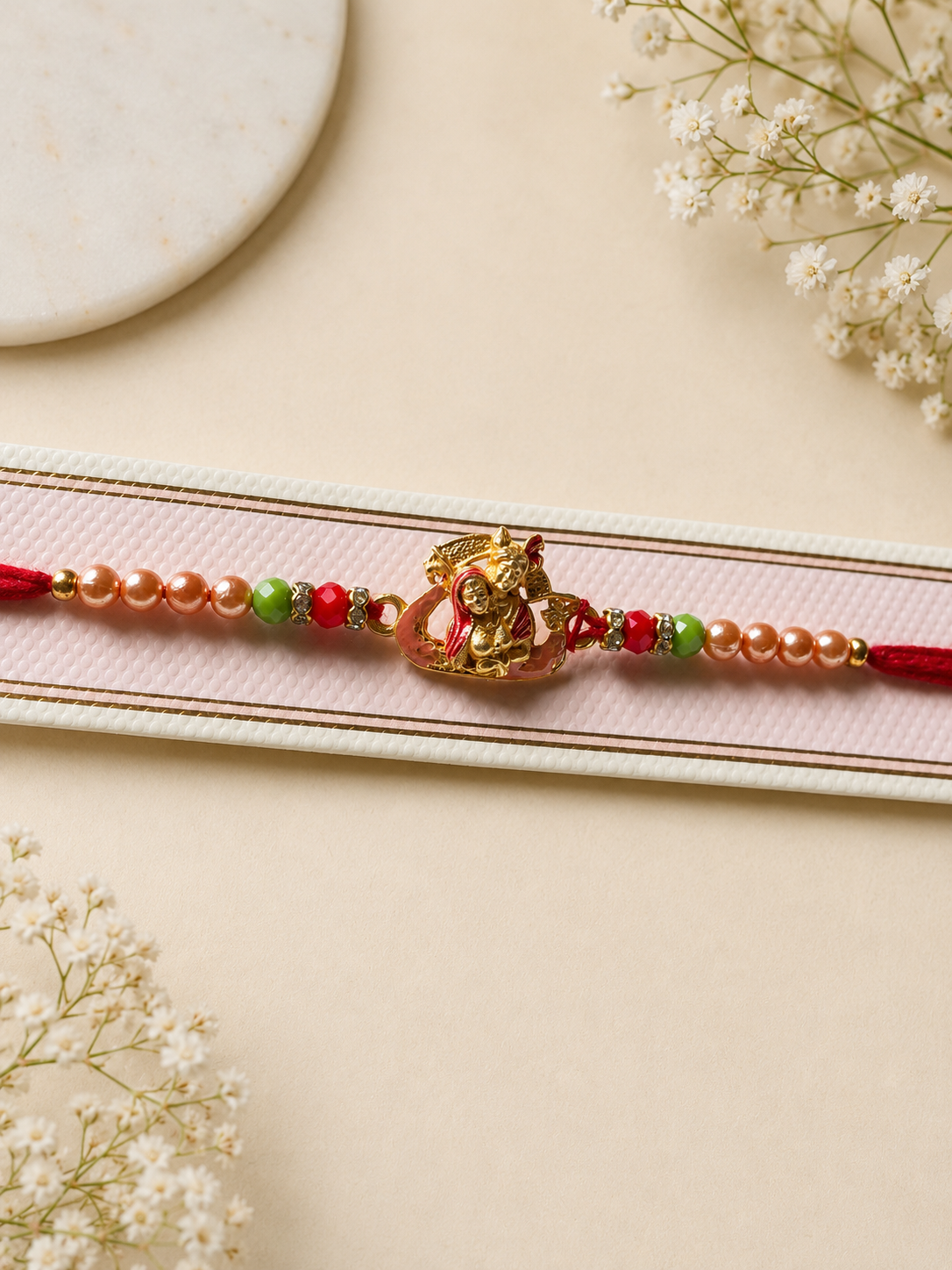 Shri Radha Krishna Divine Rakhi with Pearl & Crystal Beads K44