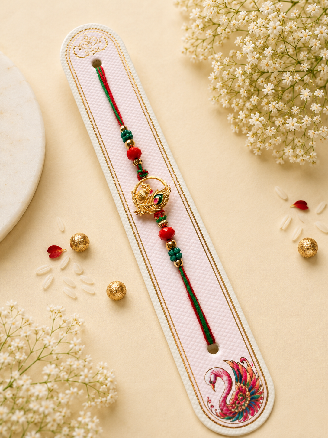 Divine Krishna Mor Pankh Rakhi with Red & Green Beads K45