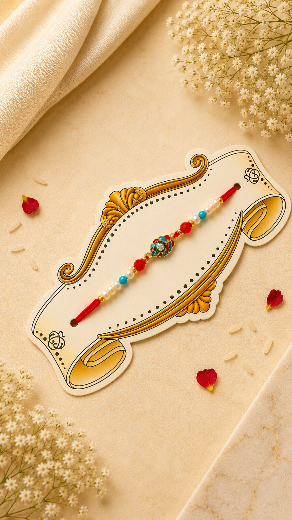 Elegant Kundan Floral Rakhi with Pearl & Turquoise Beads K46