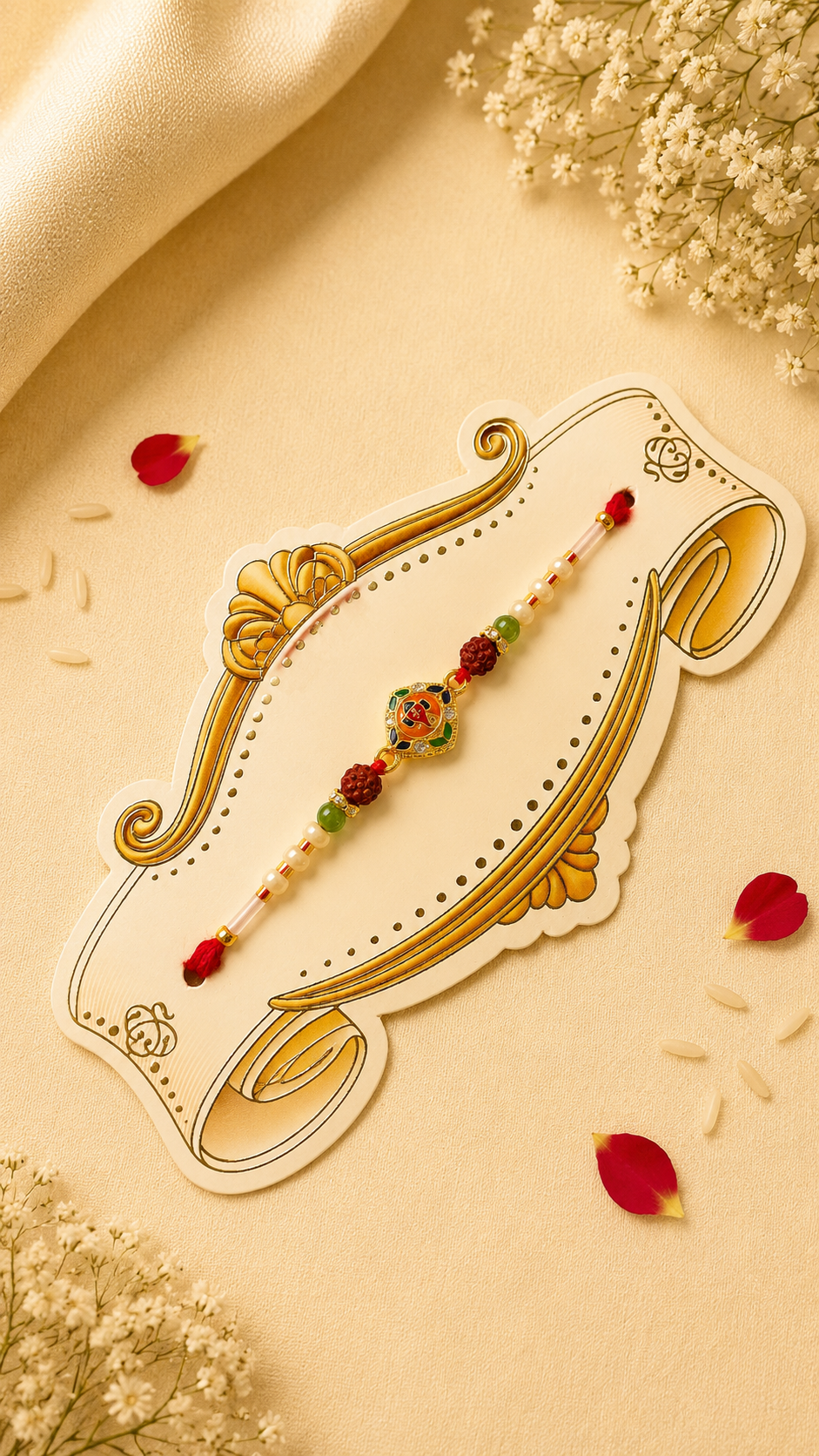 Divine Rudraksha & Green Beads Designer Rakhi K47