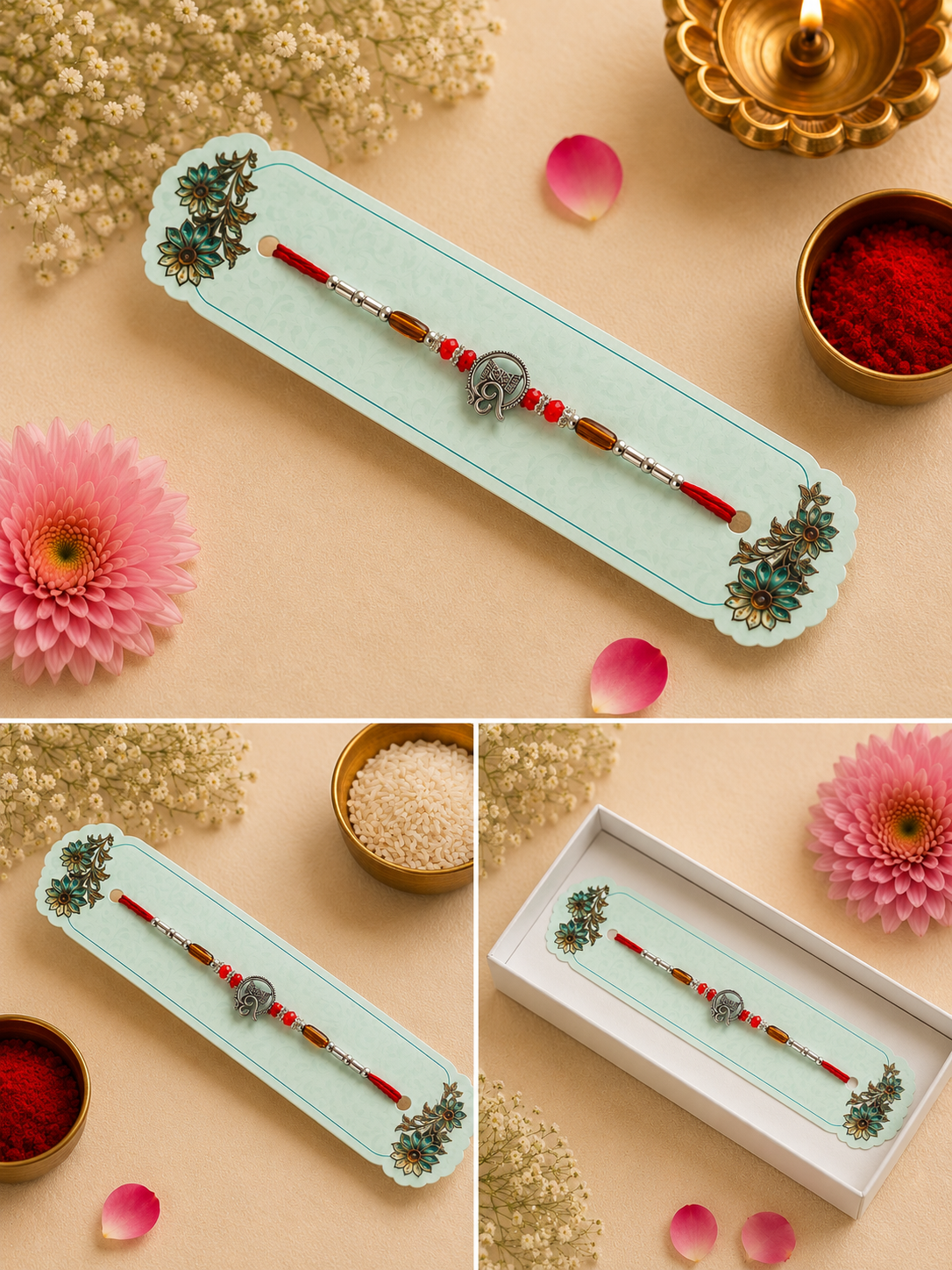 Silver Om Divine Rakhi with Red Crystal Beads K39