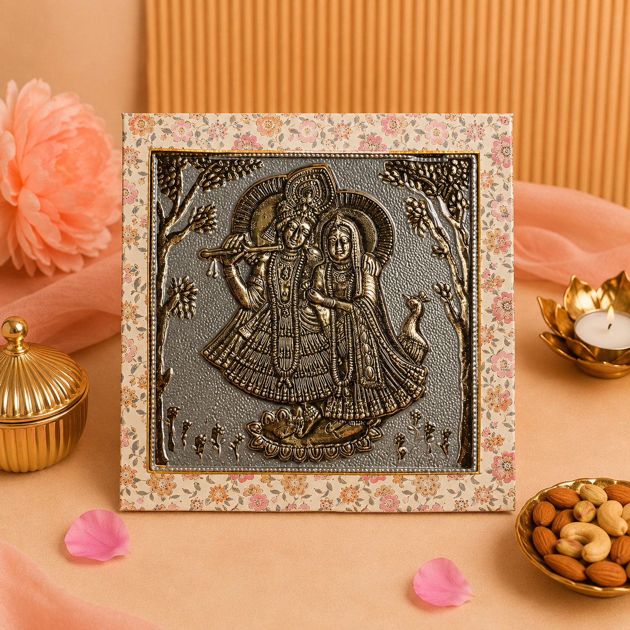 Premium Bhaiya Bhabhi & Kid Rakhi Gift Hamper with Radha Krishna Frame, Roli-Chawal & Coin K70