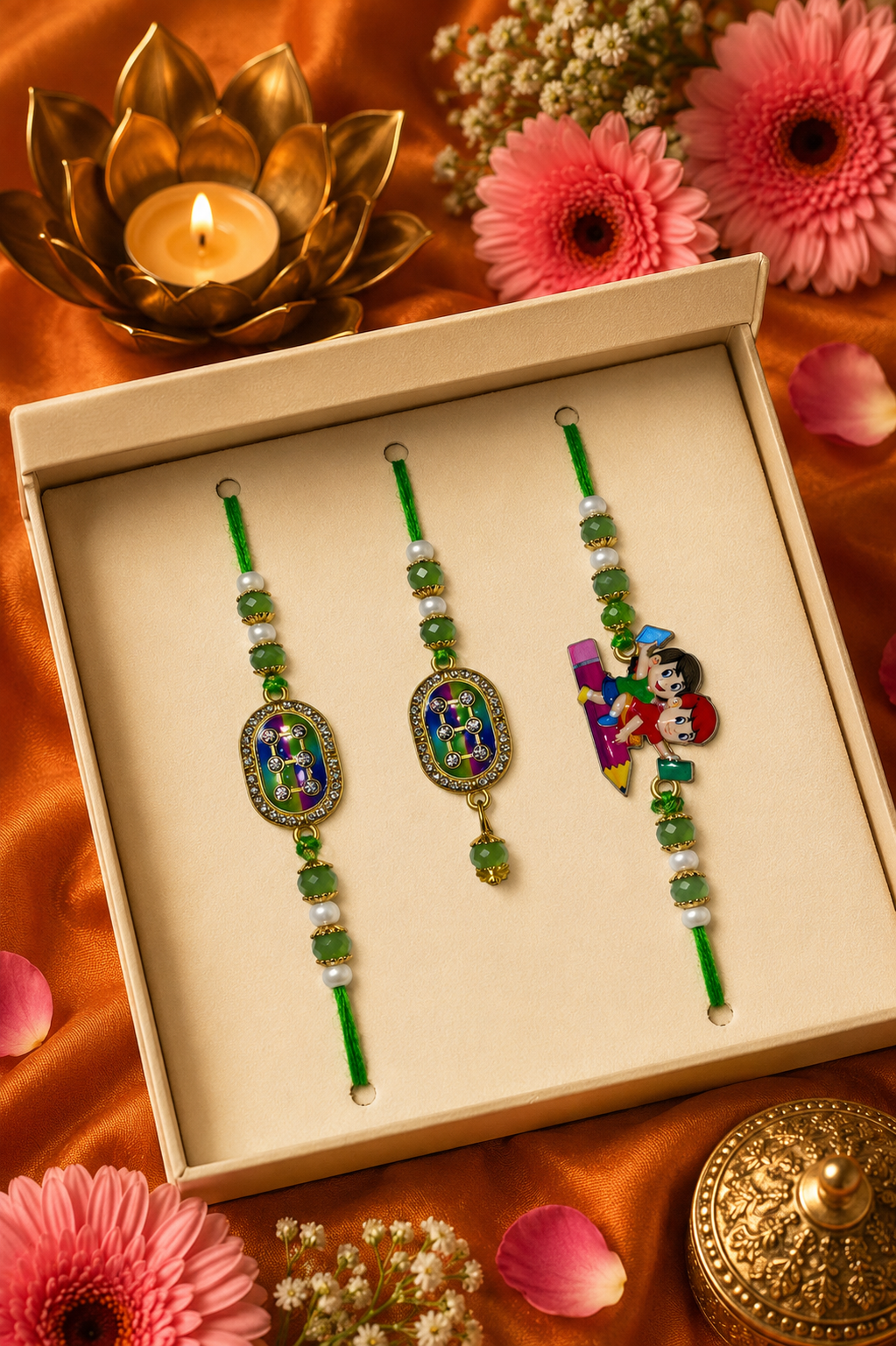 Bhaiya Bhabhi & Kid Premium Green Rakhi Combo | Designer Family Rakhi Set of 3 K69